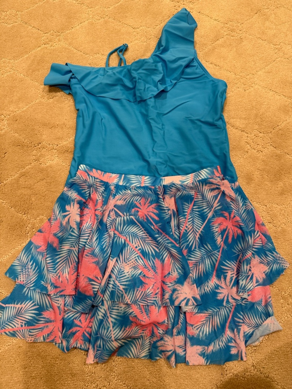 Blue One-Shoulder Ruffled Swimsuit with Pink/Blue Palm Print Skirt NWOT 10-12